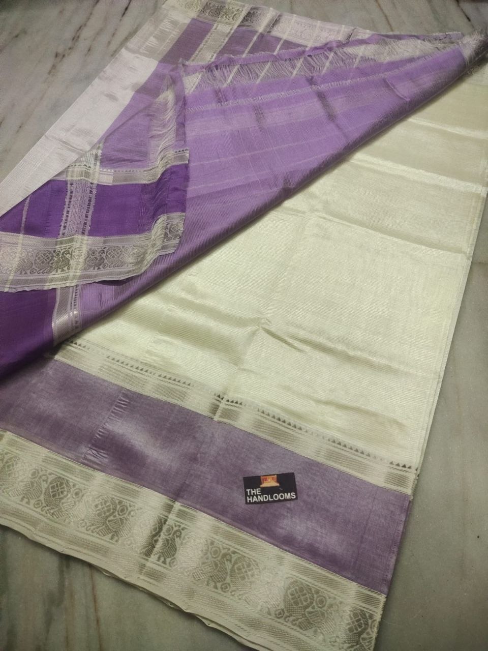Golden Daffodils Bloom Silver Zari Mangalagiri Pure Handloom Cotton Saree